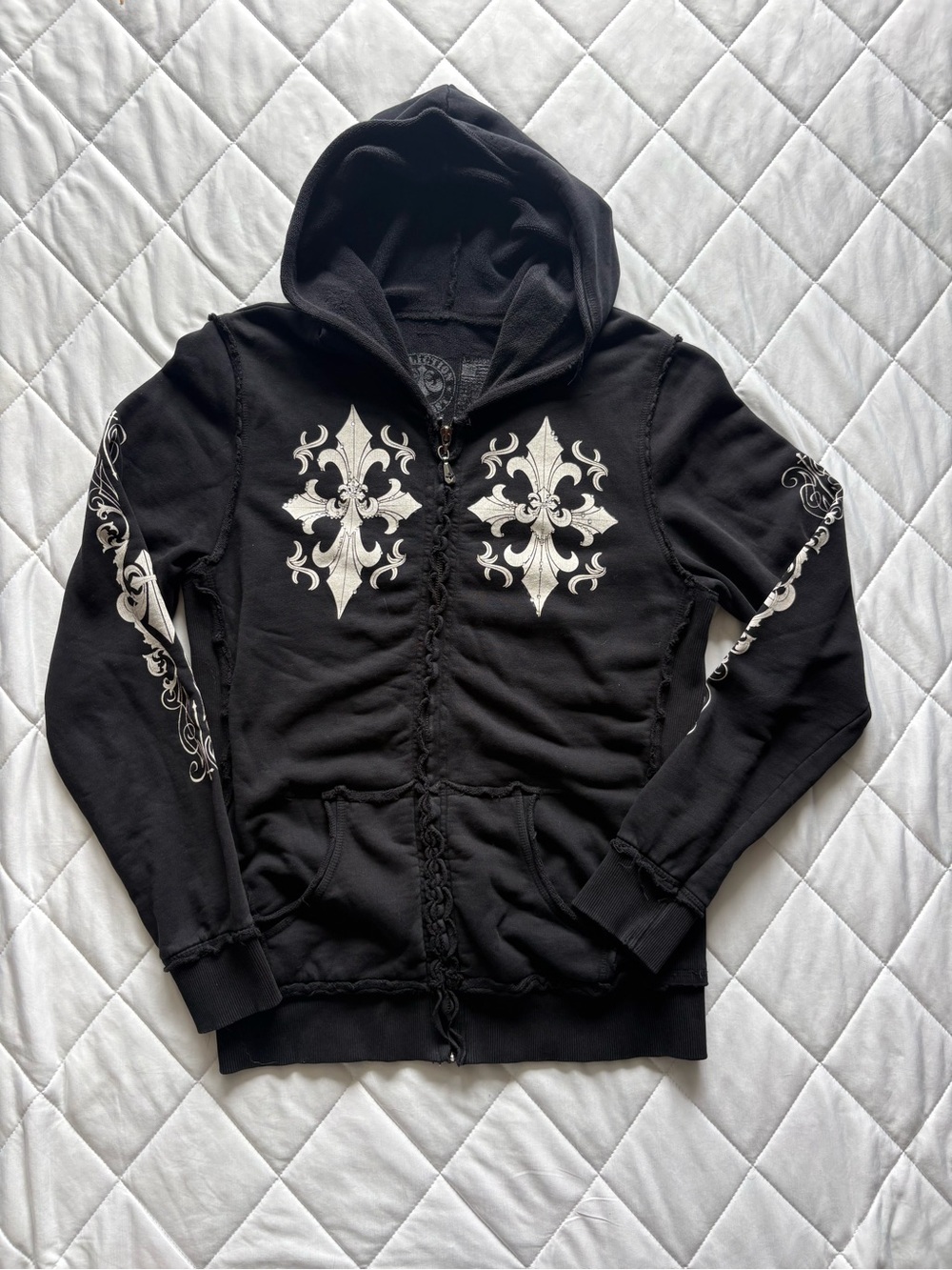 Vintage Affliction Black Fleur De Lis Rhinestone Full Zip Hoodie